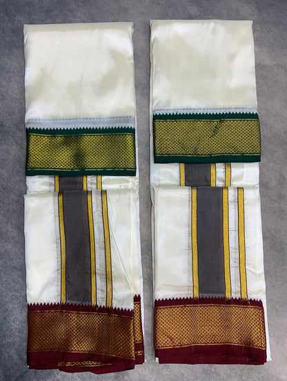 Art Silk Dhoti 8X4 Cream with Medium Ganga Jamuna(Green/ Maroon) Border