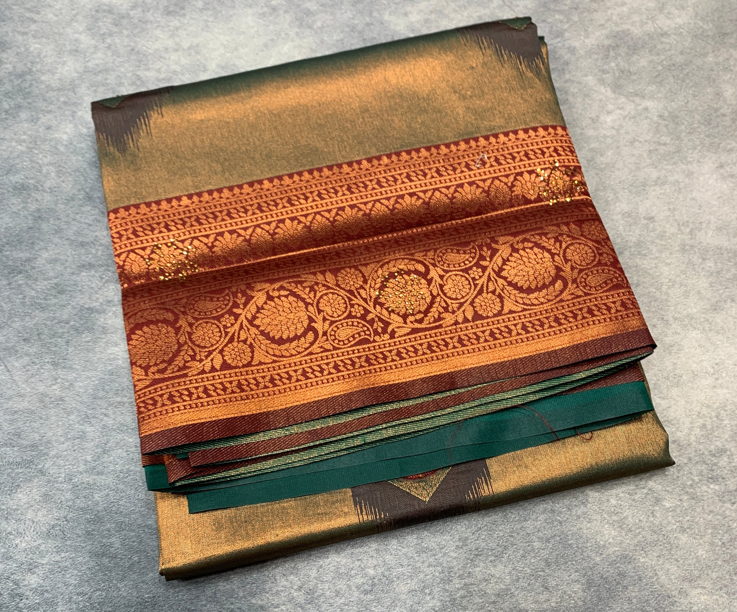 Art Silk Saree Green Colour and Stone Work with Brown Border