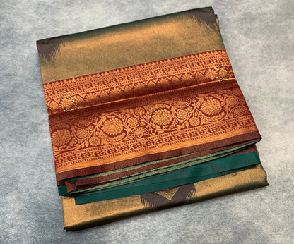 Art Silk Saree Green Colour and Stone Work with Brown Border