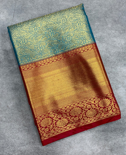 Fancy Tissue Saree Bluish Green Colour with Red Colour Floral Design Border