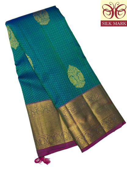 Pure Kanchipuram Silk Peacock Green Colour with Purple Border
