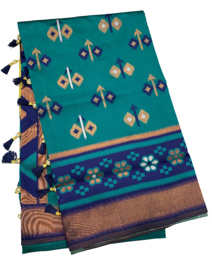 Pochampalli Semi Silk Saree Peacock Green Colour with Blue Border