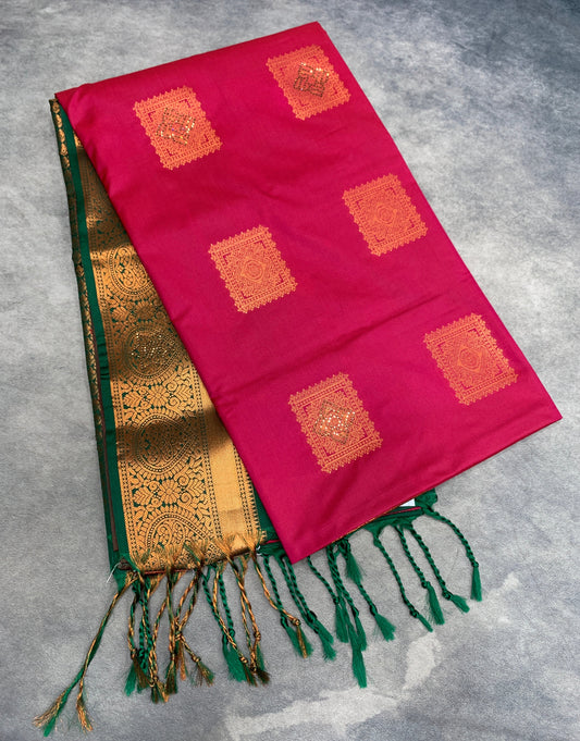 Soft Vegan Silk Saree Pink Colour with Green and Copper Border