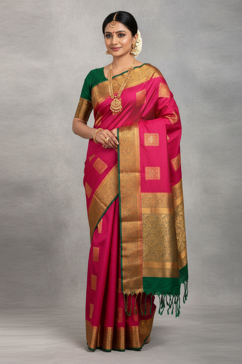 Soft Vegan Silk Saree Pink Colour with Green and Copper Border