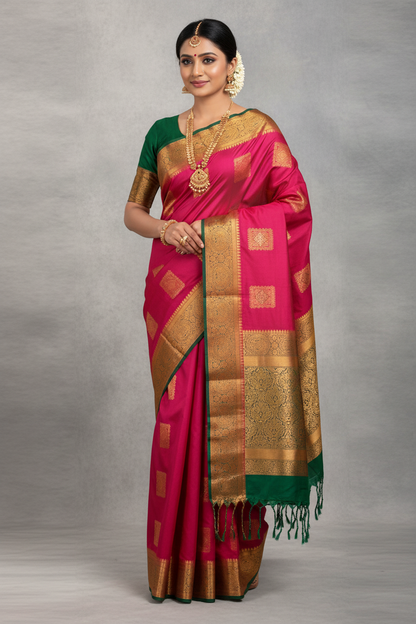 Soft Vegan Silk Saree Pink Colour with Green and Copper Border
