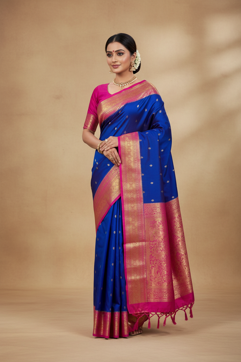 Pure Kanchipuram Silk Blue Colour with Purple Border