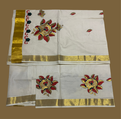 Kerala Cotton Saree Cream Colour with Floral Work Design