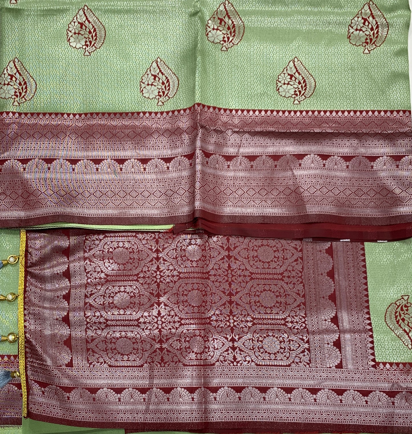 Art Silk Saree Pista Green Colour with Maroon Border