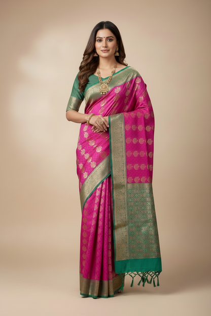 Vegan Silk Saree Pink Colour Saree with Copper and Floral Design
