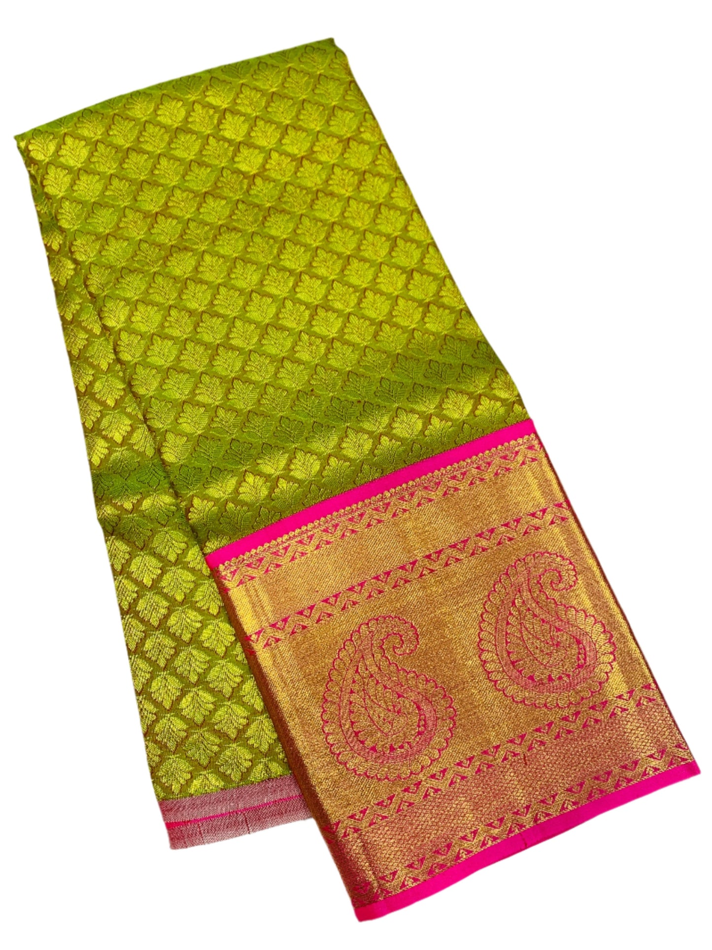 Parrot Green shade Pure Kanchipuram Kids Pattu Pavadai with contrast border for age 5 to 10