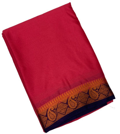 Crepe Saree Red Pink Colour with Navy Blue Border