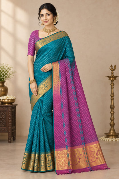 Synthetic Cotton Saree Rama Green Colour with Copper Border