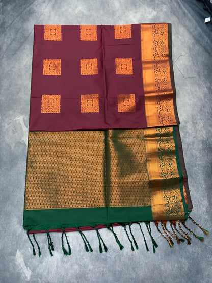 Soft Vegan Silk Saree Brown Colour with Green and Copper Border