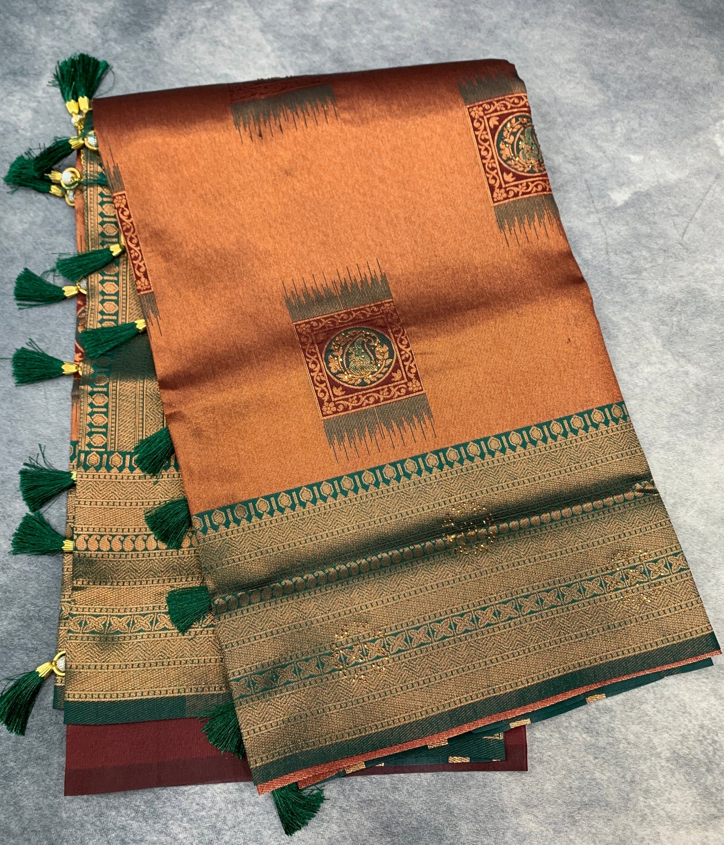 Art Silk Saree Maroon Colour and Stone Work with Green Border