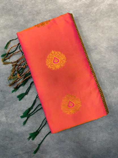 Soft Vegan Silk Saree Salmon Colour with Green and Copper Border