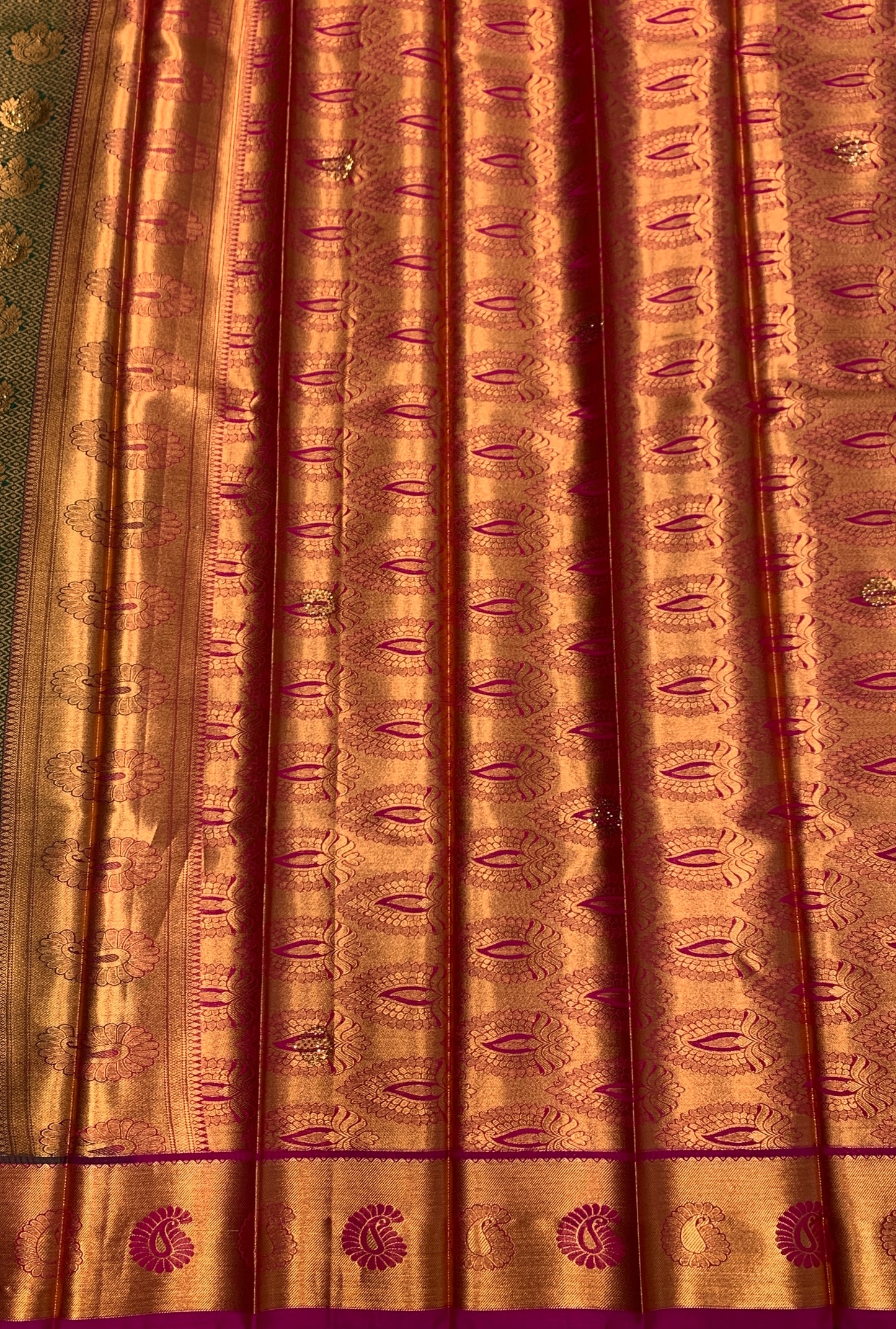 Vegan Silk Saree Green Colour with Copper and Magenta Border