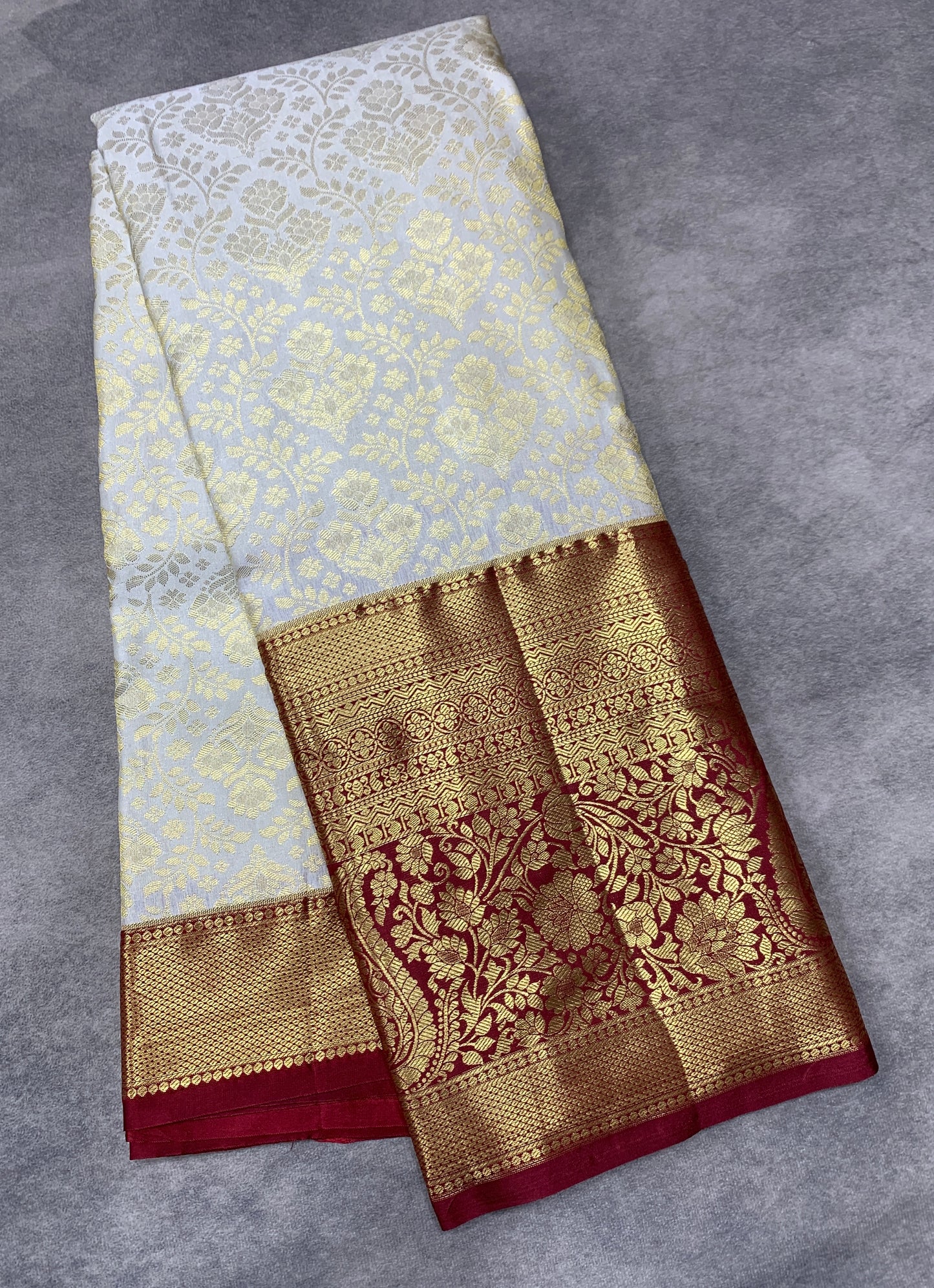 Ivory Colour Soft Kanchi Tissue Pattu Saree with Maroon border