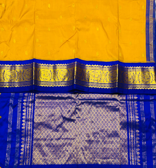 Pure Kanchipuram Silk Saree Mustard Colour with Blue and Gold Zari Border