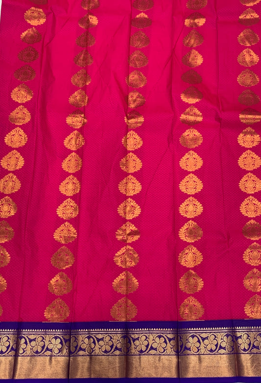 Vegan Silk Saree Pink Colour with Copper and Blue Border