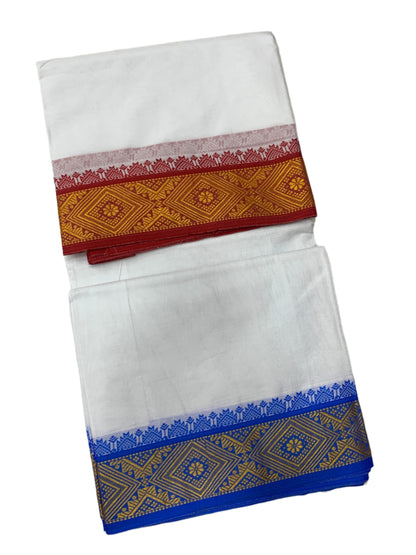 9X5 Cotton Dhoti White Red and Blue Border with Angavastram