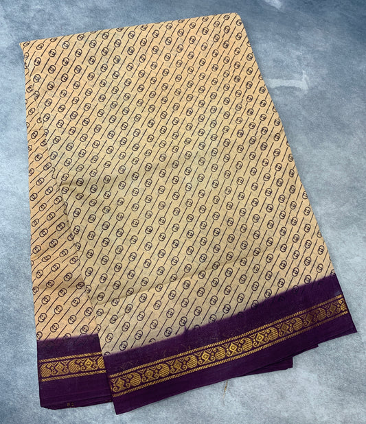 9 yards Cotton Saree Sandal Colour with Dark Purple Border