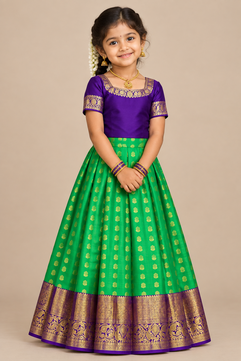 Light Green Shade Pure Kanchipuram Kids Pattu Pavadai with Contrast Border for Age Above 10 Years
