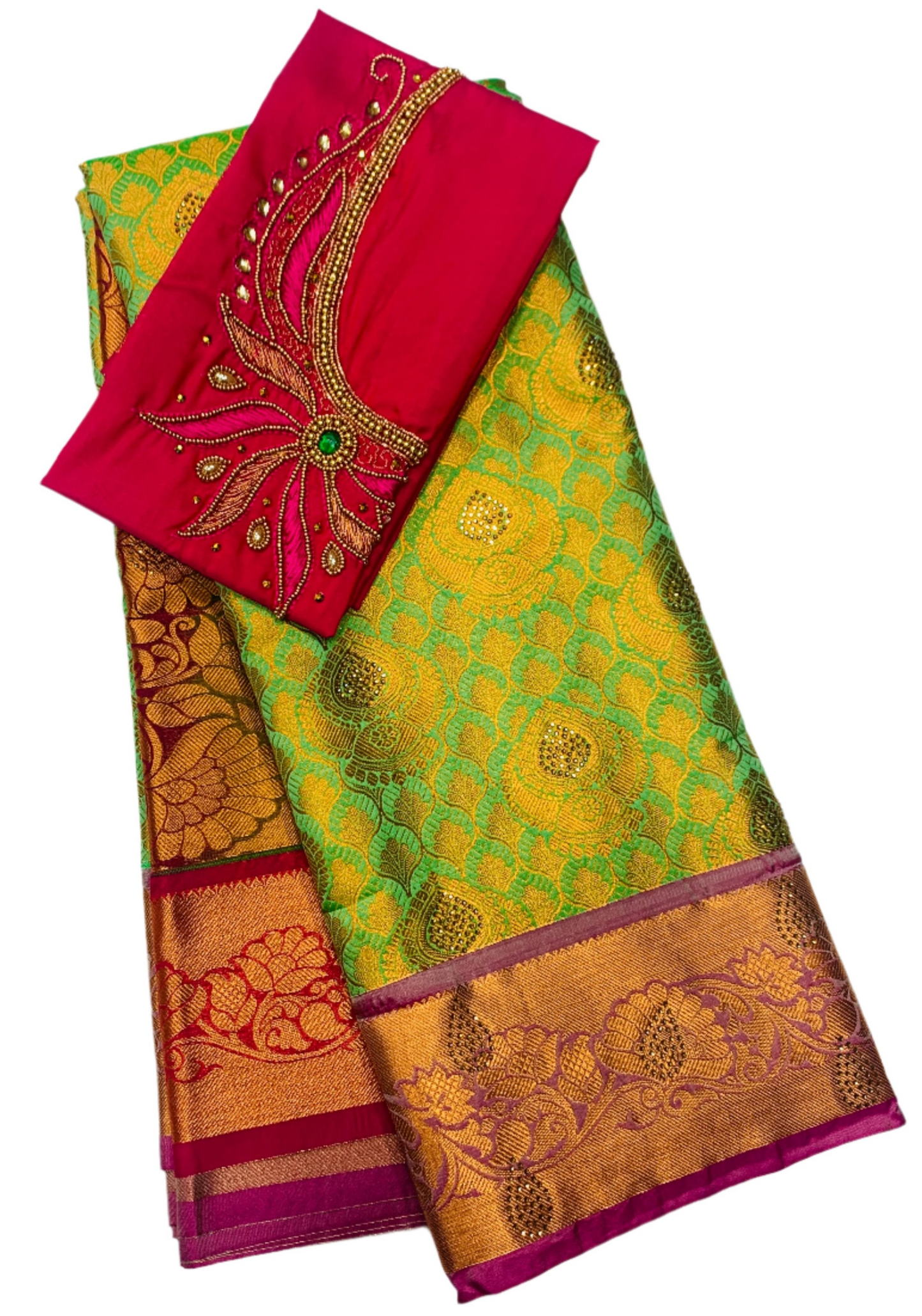 Bridal Vegan Silk Saree Light Green shade with Pink Border with Unstitched blouse in Aari work