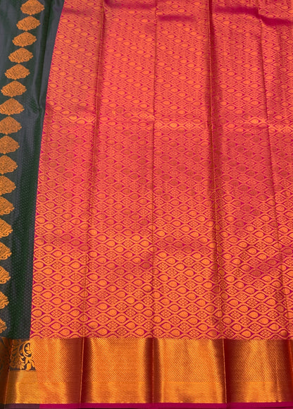 Vegan Silk Saree Dark Green Colour Saree with Copper Border