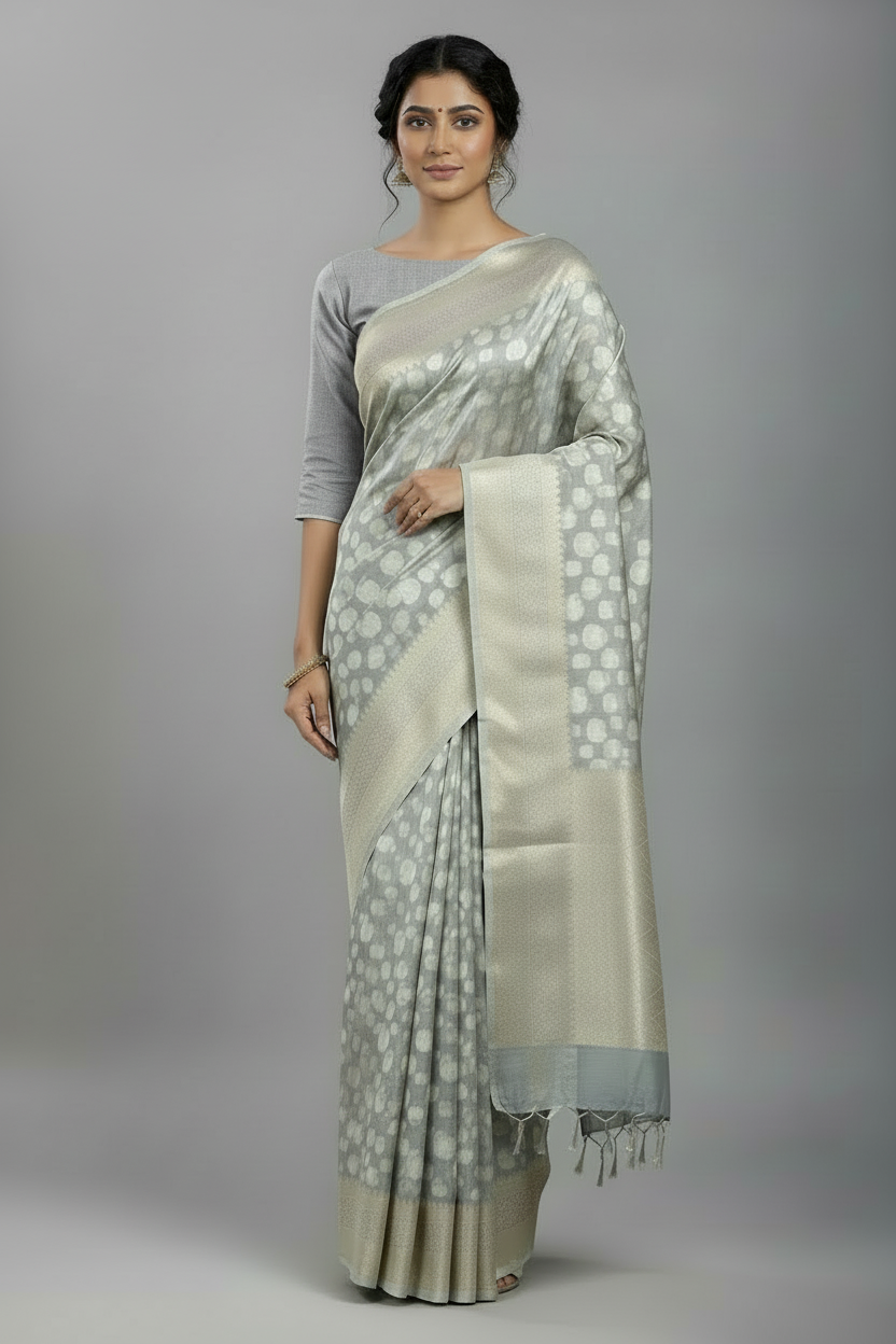 Banaras Katan Saree Gray Colour with Katan Work Border