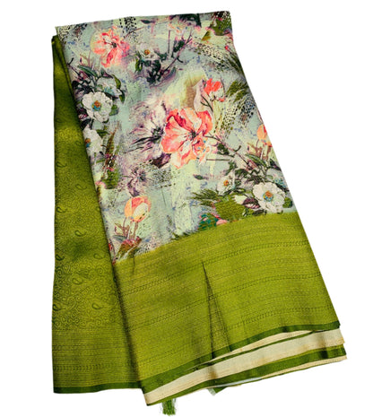 Digital Print Silk Saree Olive Green Colour