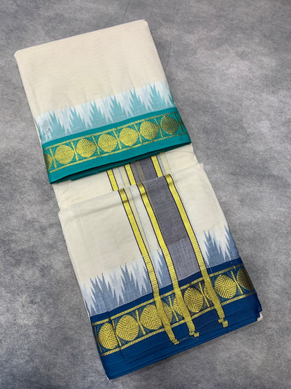 10x6 Korvai Cotton Dhoti Half White Colour with Green and Blue Border