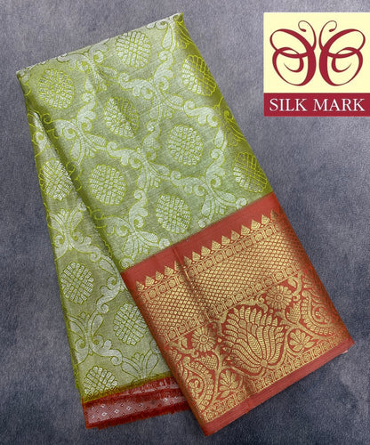 Pastel Green Shade Pure Kanchipuram Kids Pattu Pavadai with Contrast Border for Newborn to 2 Years