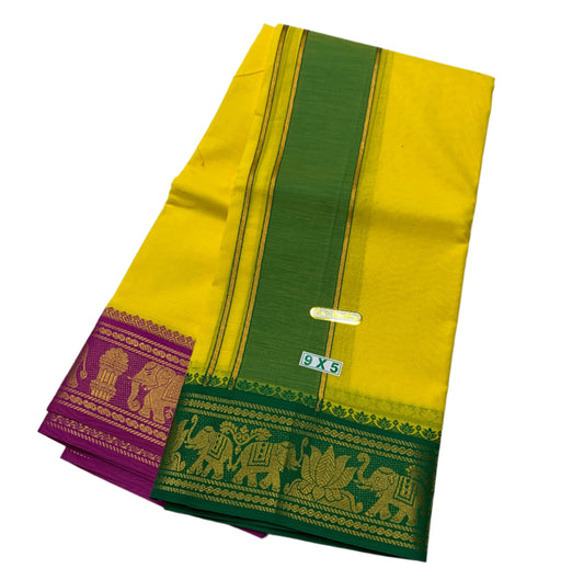9X5 Cotton Dhoti Yellow Green and Pink Border with Angavastram