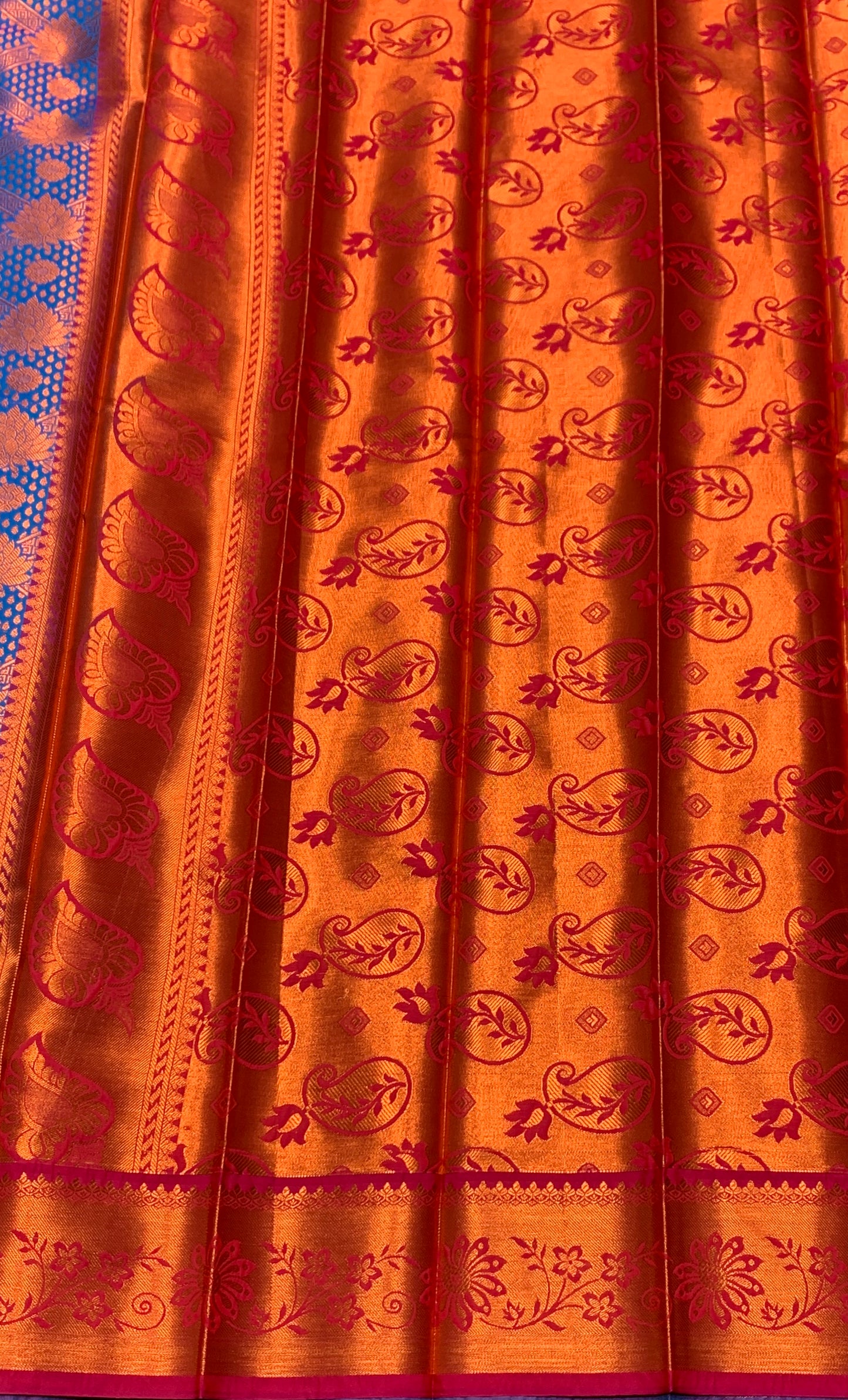 Vegan Silk Saree Blue Colour with Pink and Copper Border