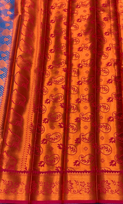 Vegan Silk Saree Blue Colour with Pink and Copper Border