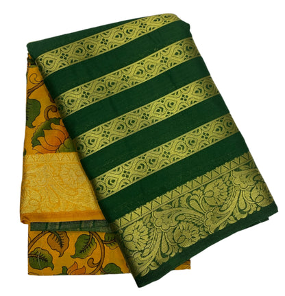 Crepe Saree Golden Yellow Colour with Big Green Border