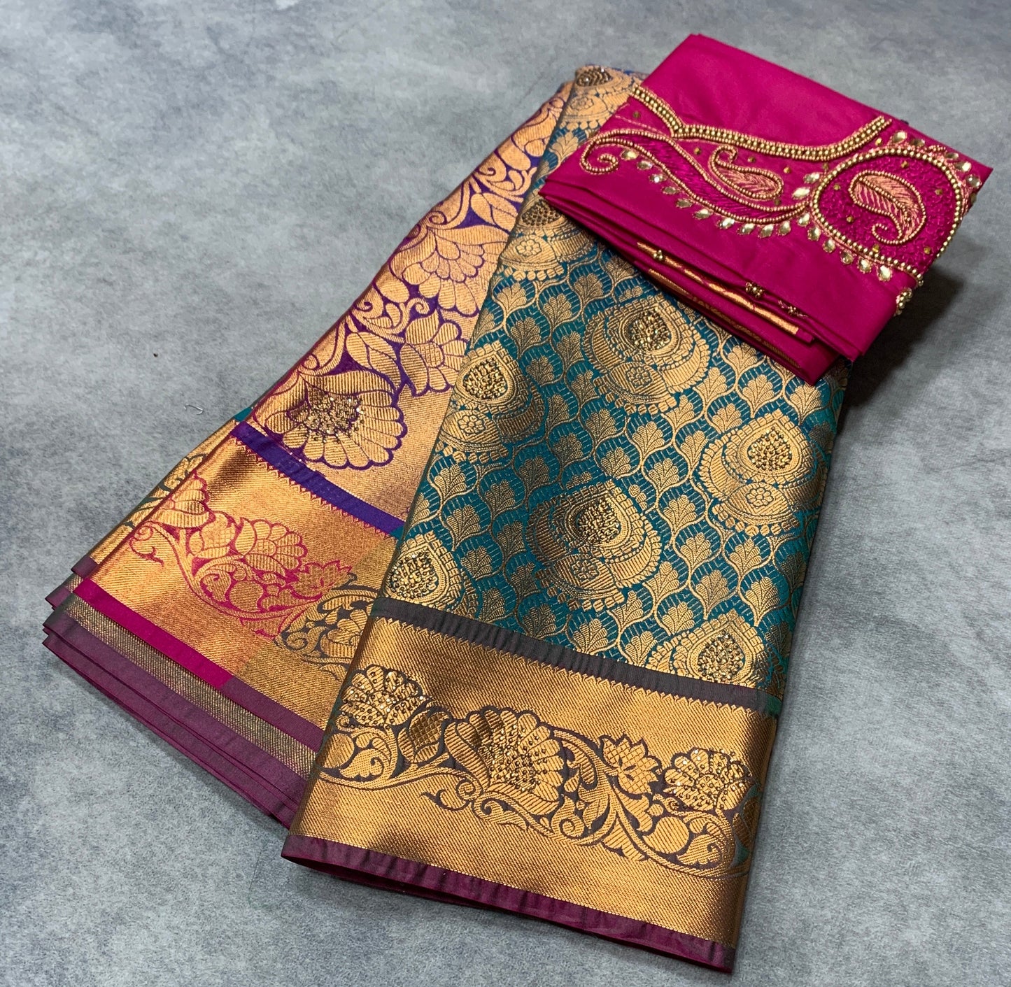 Bridal Vegan Silk Saree Rama Blue Colour with Pink Border with Unstitched blouse in Aari Work