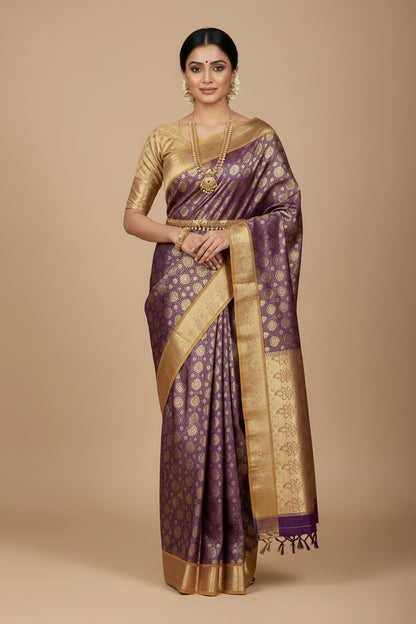 Vegan Silk Saree Maroon Colour with Golden Yellow Border