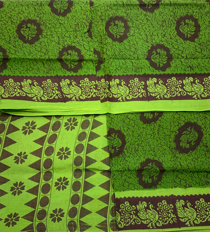 Chettinad Sungudi Cotton Parrot Green Colour with Brown Border