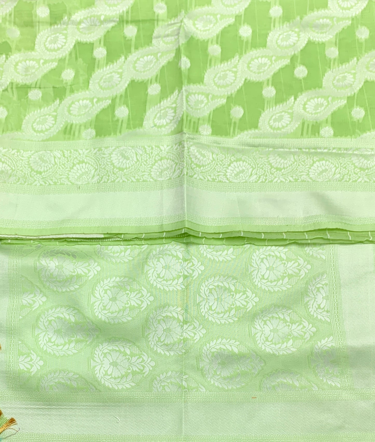 Banaras Katan Saree Apple Green Colour with Katan Work Border
