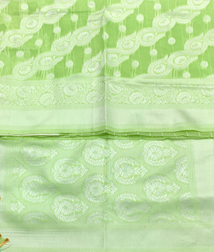 Banaras Katan Saree Apple Green Colour with Katan Work Border