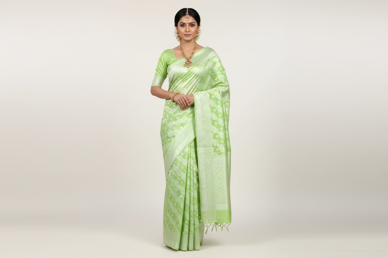 Banaras Katan Saree Apple Green Colour with Katan Work Border