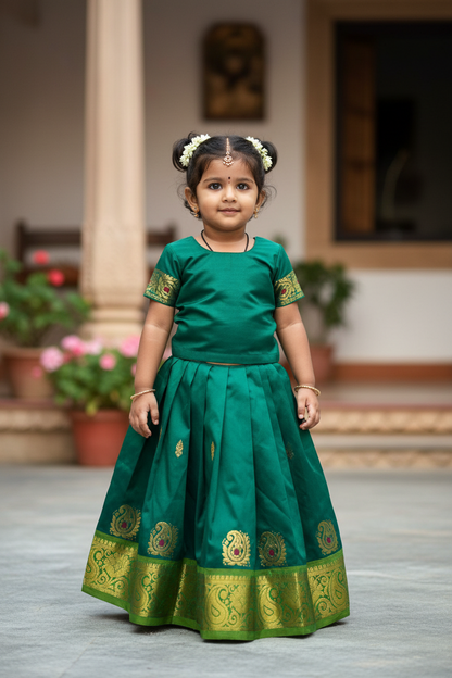 Green Shade Semi silk Kids Pattu Pavadai with Contrast border for age 5 to 10