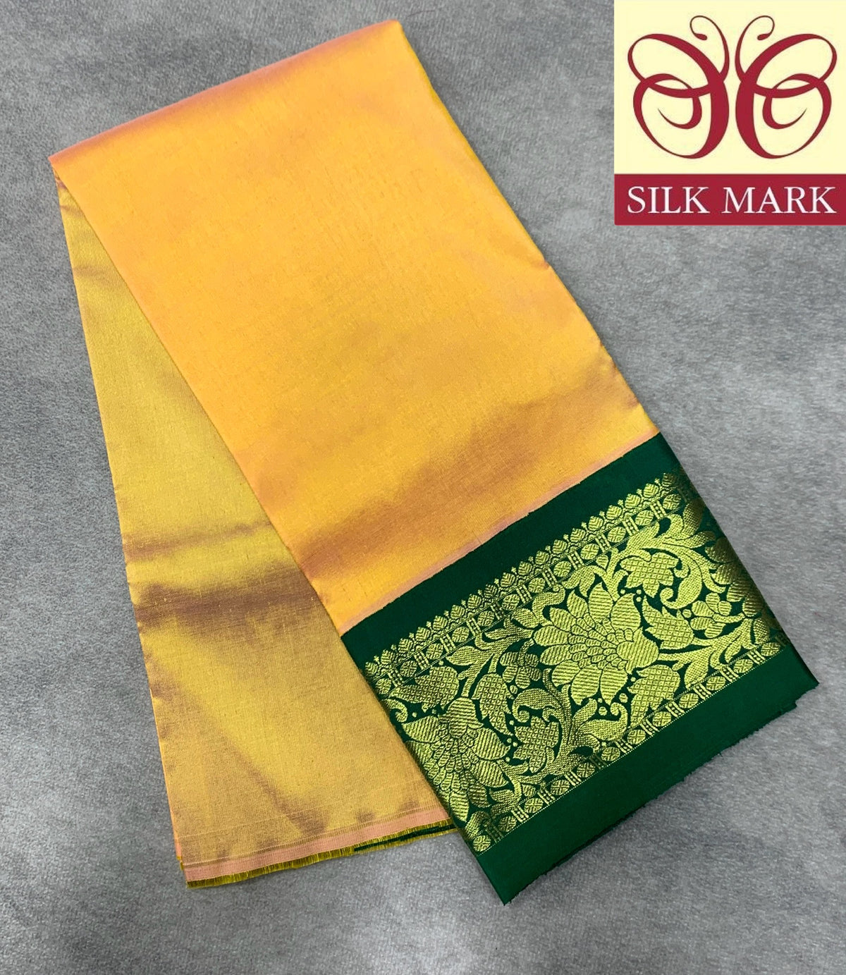 Mustard Yellow Shade Pure Kanchipuram Kids Pattu Pavadai with Contrast Border for Newborn to 2 Years
