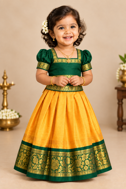 Mustard Yellow Shade Pure Kanchipuram Kids Pattu Pavadai with Contrast Border for Newborn to 2 Years