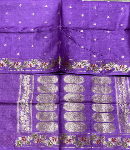 Pure Tussar Silk Saree Royal Purple Colour With Traditional Floral Zari Border