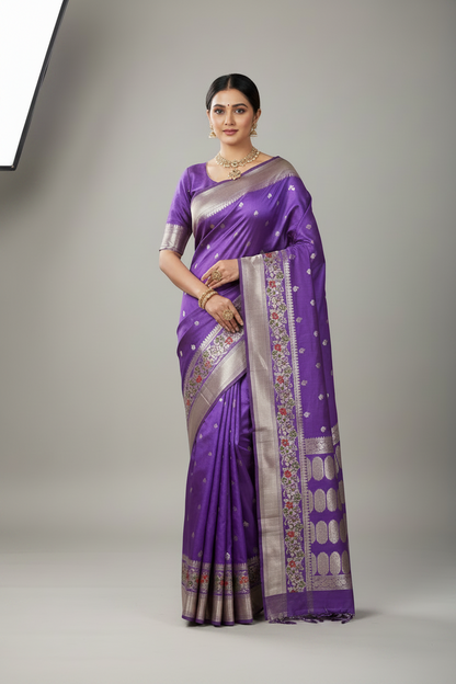 Pure Tussar Silk Saree Royal Purple Colour With Traditional Floral Zari Border