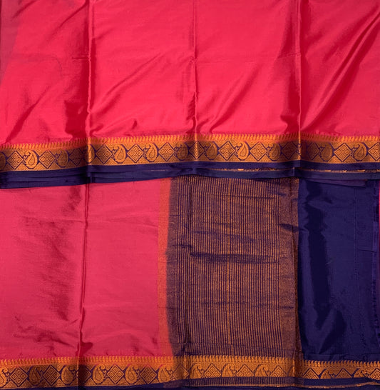 Crepe Saree Red Pink Colour with Navy Blue Border