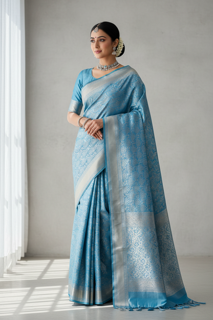 Fancy Tissue Saree Sky Blue Colour with Self Design Border