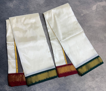 Art Silk Dhoti 8X4 Cream Colour with Small Ganga Jamuna(Green/ Maroon) Border